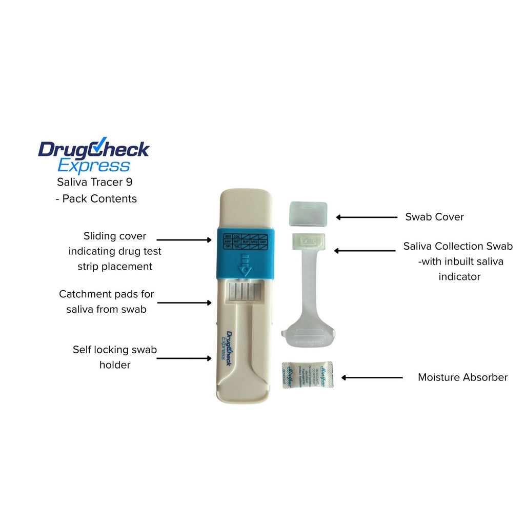 Saliva Tracer 9 oral drug test kit pack contents